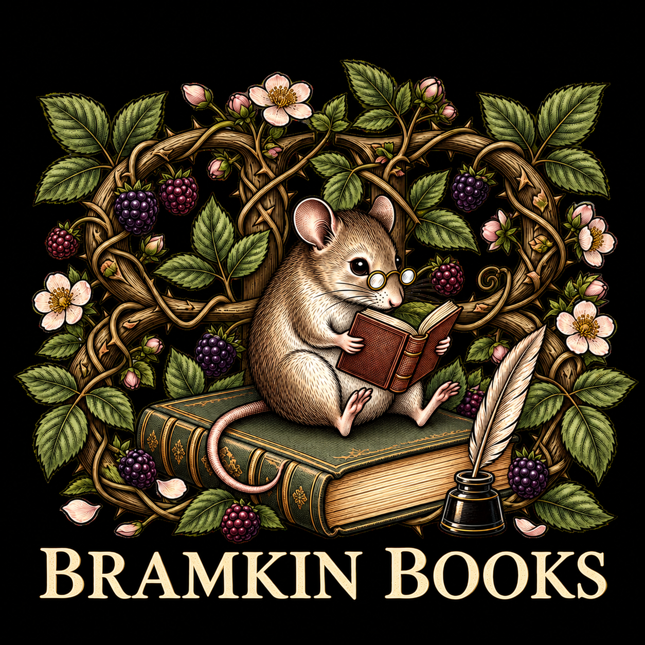 Bramkin Books logo: a reading mouse among brambles above the Bramkin Books wordmark